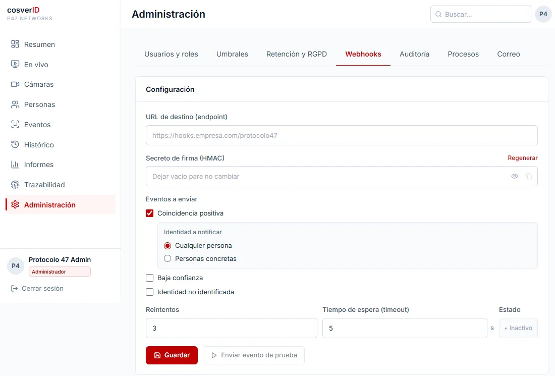 Administración de cosverID, pestaña WebHooks: URL de destino, secreto de firma HMAC, eventos a enviar, reintentos y tiempo de espera