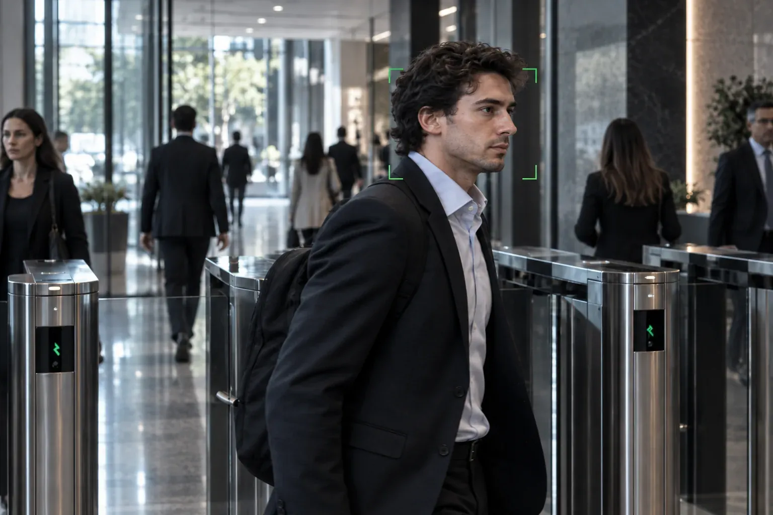 El mismo vestíbulo y la misma persona en movimiento, capturados con obturador global: la cara sale nítida y sin deformación, con el marco de detección en verde.